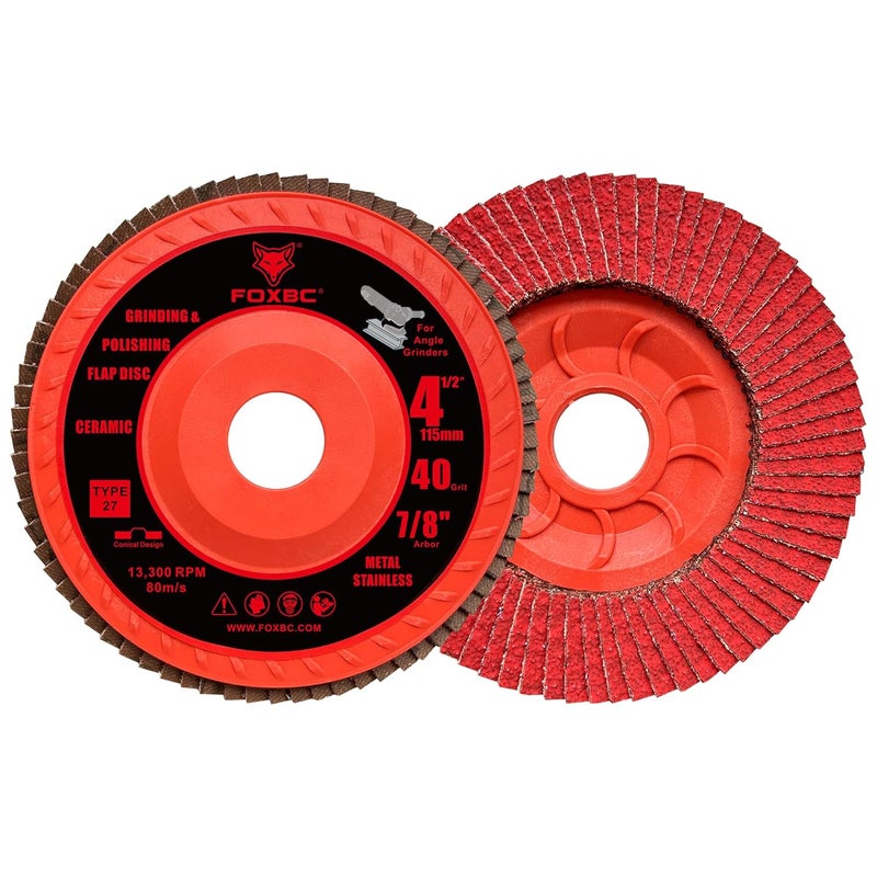 FOXBC 4-1/2 inch Ceramic Flap Disc 40 Grit for Angle Grinder with Speed HUB, Type 27, Grinding and Polishing for Metal, 5 Pack - Image 2